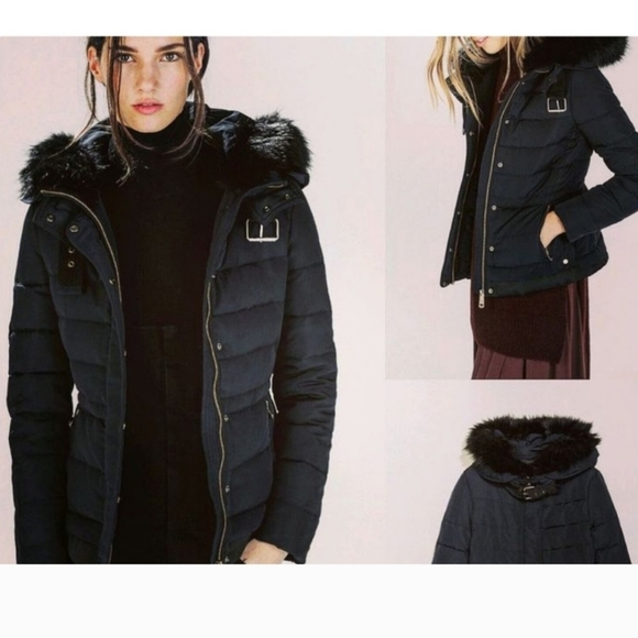Zara Black Puffer Jacket with Fur Hood - Picture 1 of 11